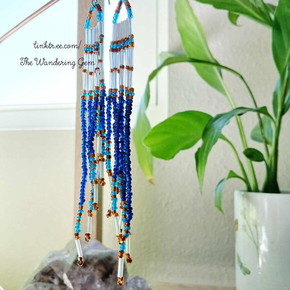 Beaded Fringe Dangle Earrings, Seed Bead Jewelry, Boho Chic Statement 5" - Picture 6 of 9